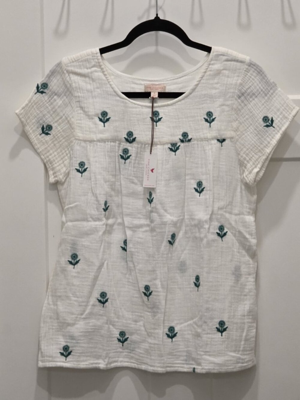 Women's Pink Chicken White Cotton Embroidered Floral Boho Peasant Top Smock Med.